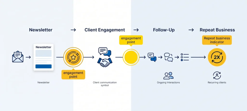 Minimal infographic showing weekly email newsletter workflow for construction client communication and repeat business