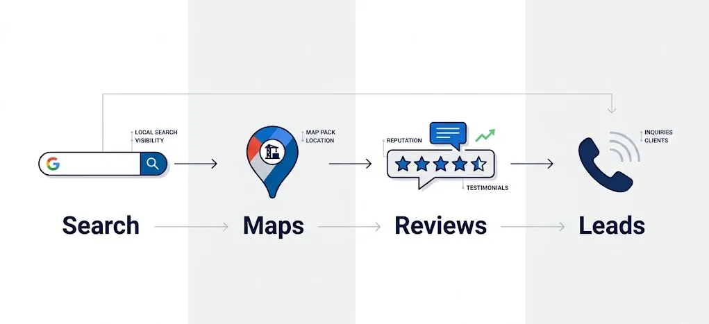 Executive infographic showing local SEO strategy and Google Maps visibility for construction contractors