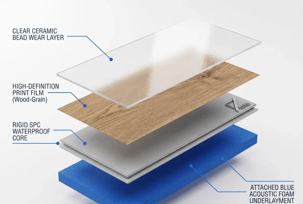exploded view showing the internal layers of a rigid core luxury vinyl plank.