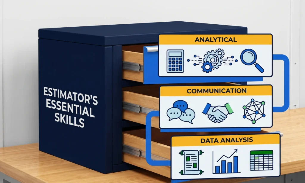 Visual guide to six estimator skills: math, analytical thinking, detail, communication, data analysis, and software.