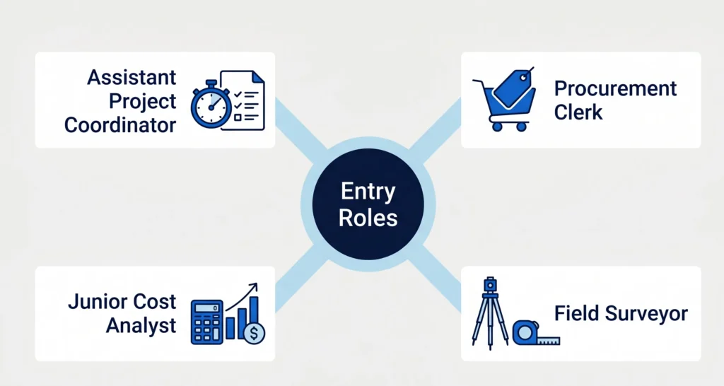 Mind map of roles leading to estimating, including procurement clerk, field surveyor, and junior cost analyst.