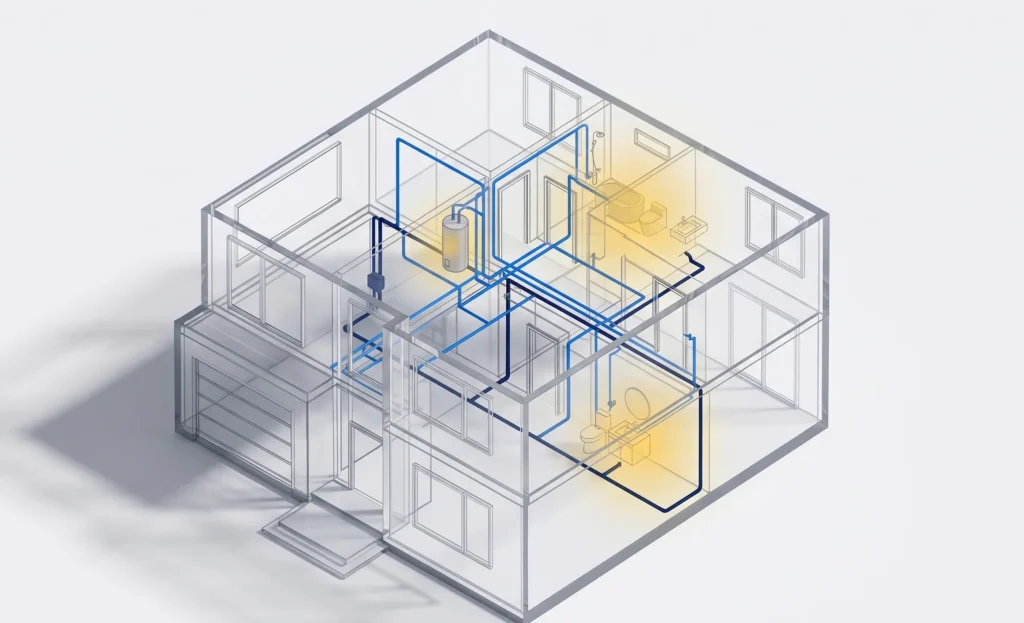 Isometric view of a home plumbing system highlighting complex cost factors and layouts.