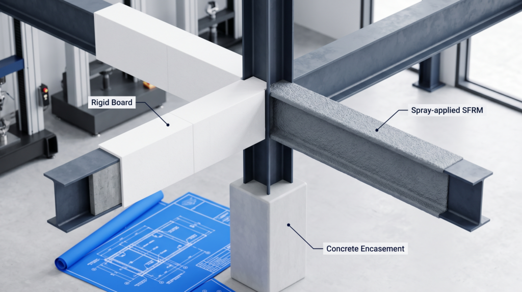 showcasing various fireproofing methods including rigid board and concrete encasement.