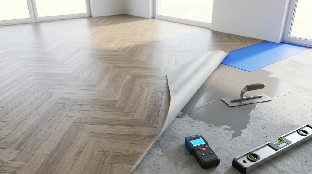 visualization of subfloor leveling and underlayment installation for vinyl flooring.