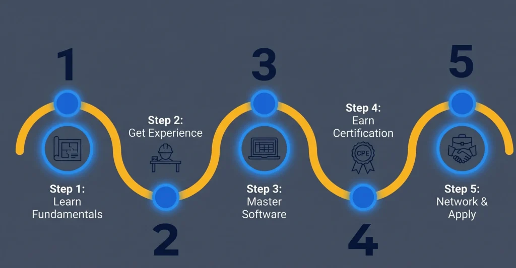A 5-step roadmap to becoming an estimator: learn fundamentals, gain experience, master software, and get certified.