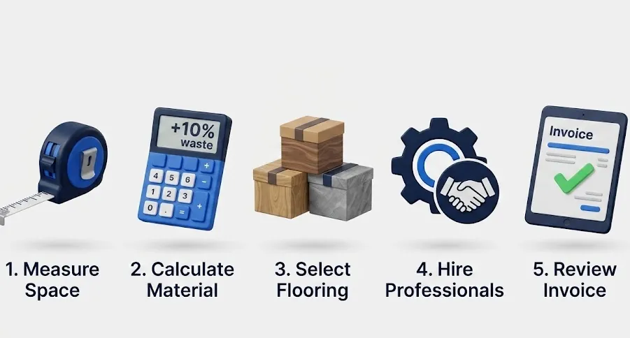5-step process chart for calculating vinyl plank flooring installation budgets.