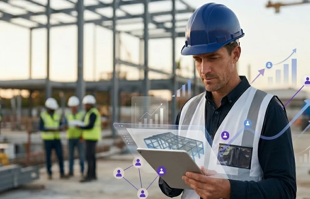 contractor reviewing construction plans on tablet at job site with digital marketing elements showing how to get clients as a contractor