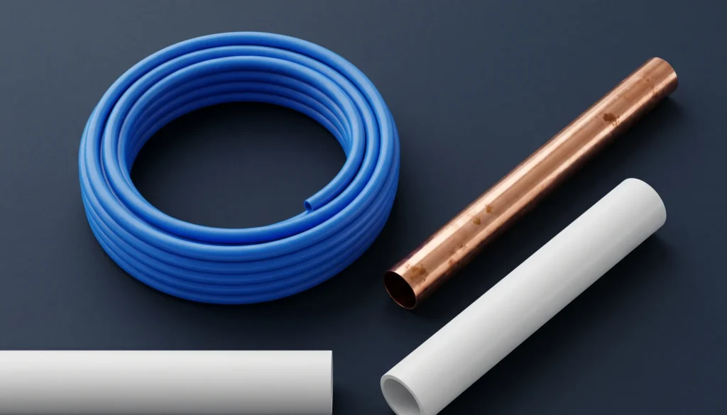 Render of PEX, Copper, and PVC piping materials for residential construction.