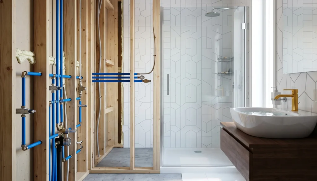 Cross-section showing hidden plumbing pipes transitioning into a finished luxury bathroom.