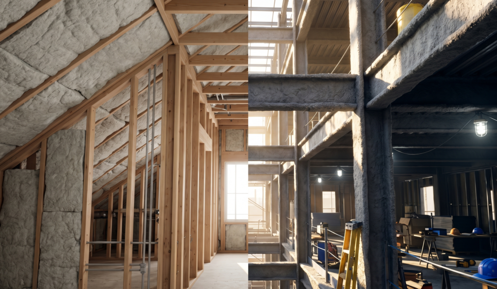 Render comparing residential mineral wool insulation and commercial steel spray fireproofing.