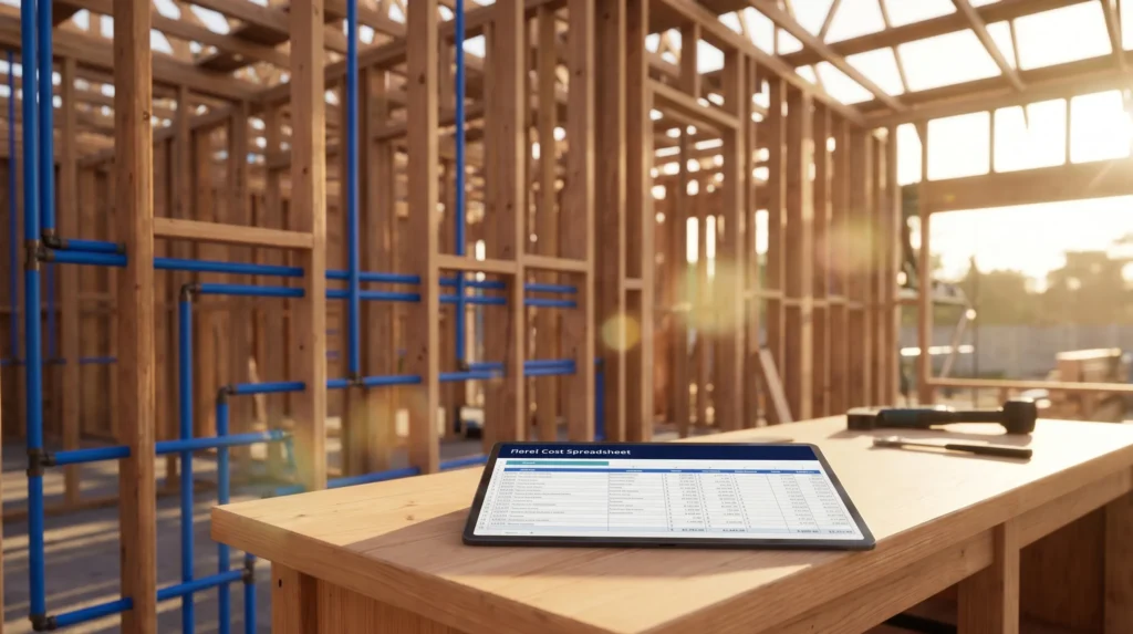 Architectural render of a new home construction site with plumbing lines and a digital budget tablet