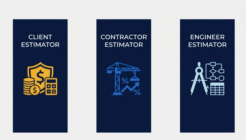 Infographic showing three types of estimators: Client, Contractor, and Engineer specialized roles.