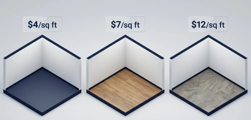 comparing the look and cost of budget, mid-range, and high-end vinyl flooring.