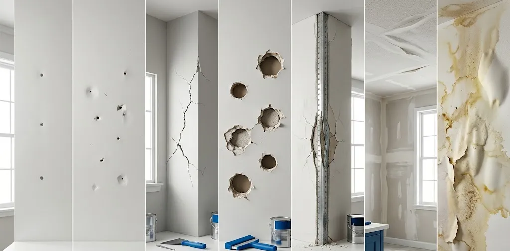 Infographic showing common drywall damage types and repair complexity levels