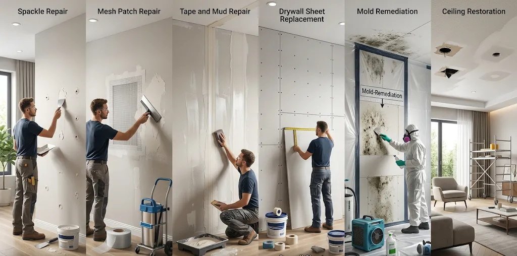 Infographic showing drywall repair methods from patching to full wall replacement