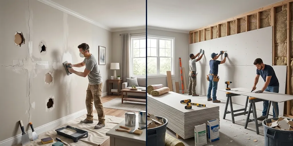 Comparison between drywall patch repair and complete drywall replacement