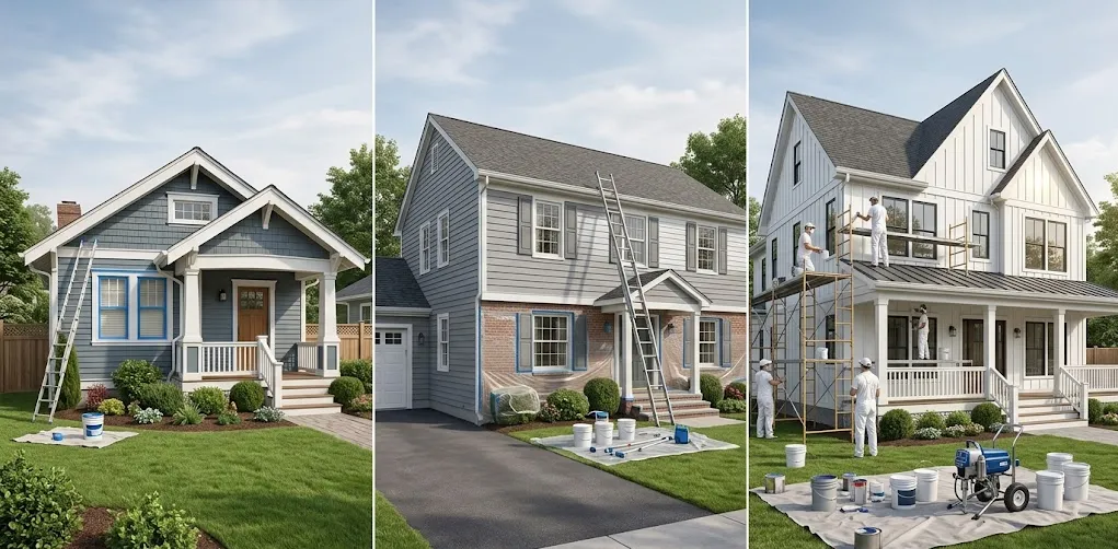 Infographic style comparison of exterior painting projects for different home sizes