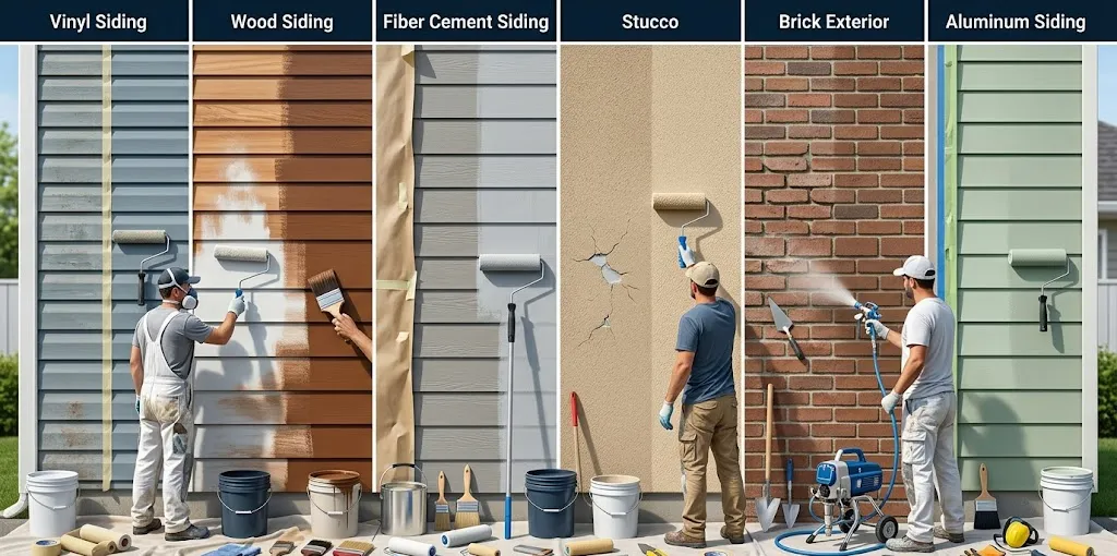 Different exterior siding materials prepared for residential painting projects