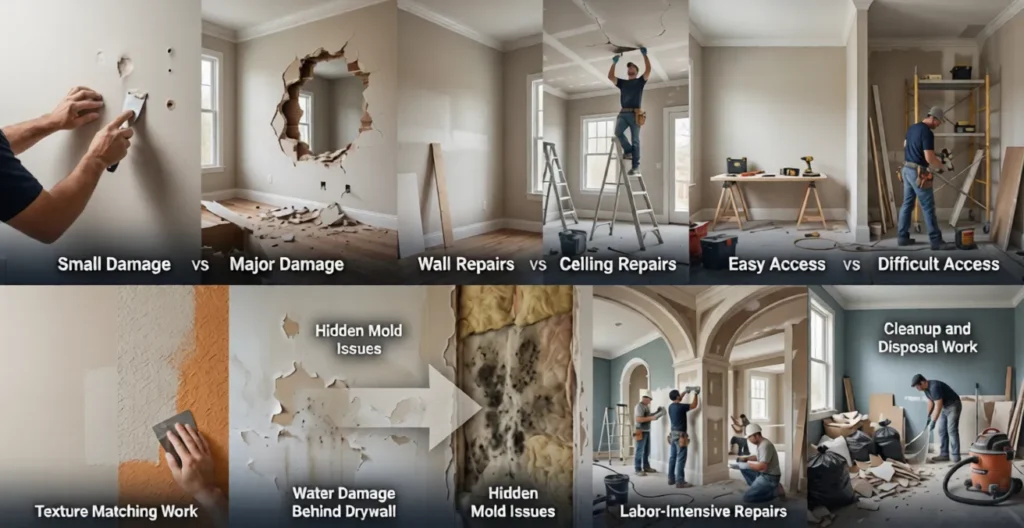 Infographic showing major factors that influence drywall repair pricing