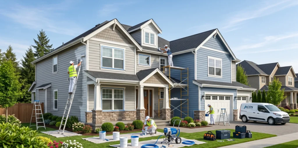 Professional exterior house painting project on a modern residential home