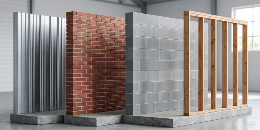 Infographic comparing metal brick cinder block and stick-built garage materials