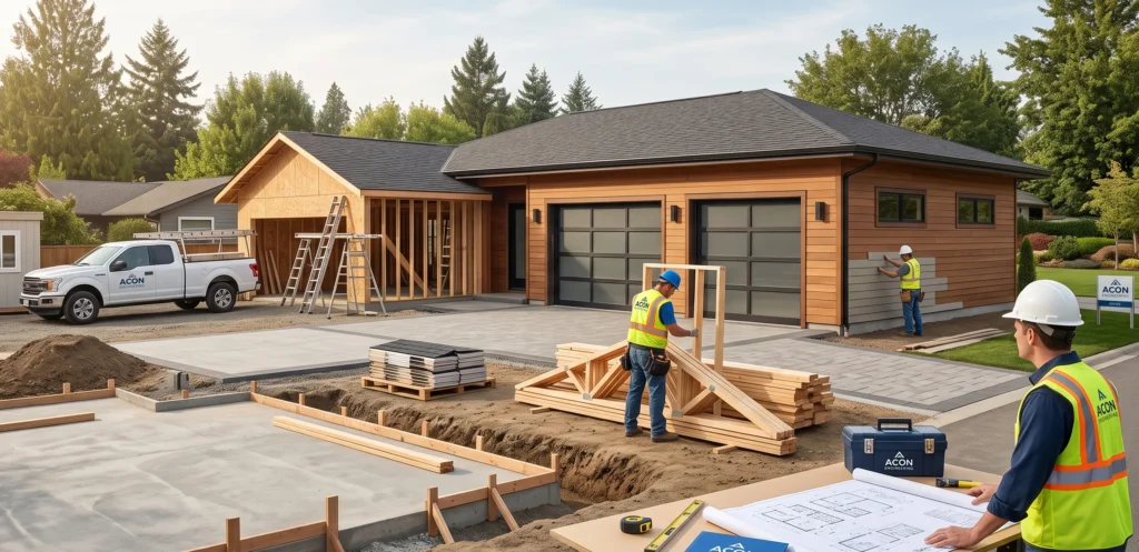 Modern residential garage construction project showing planning building stages and completed garage