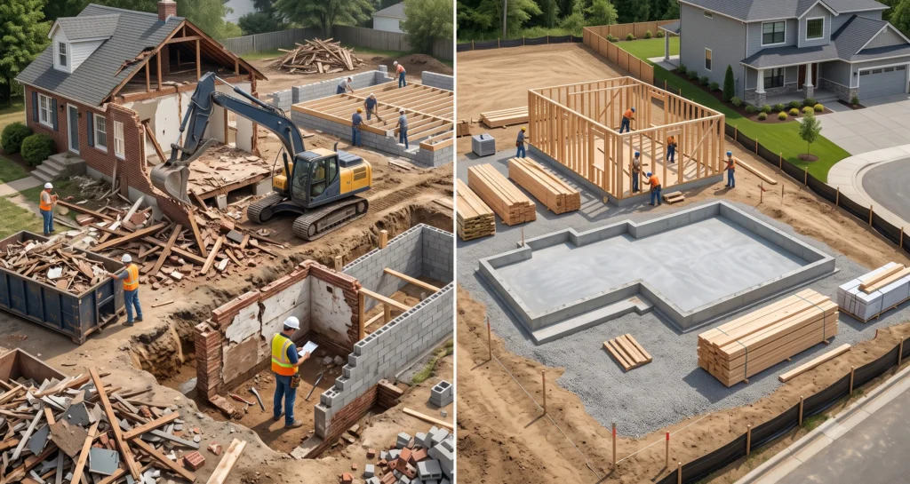 Comparison between rebuilding an existing home and constructing a new house on an empty lot