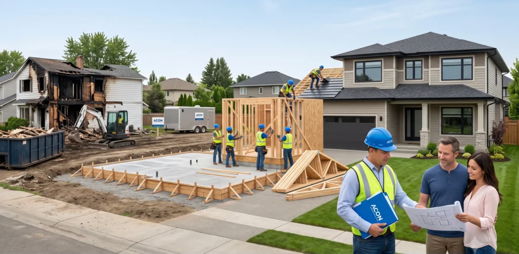 Residential house rebuild project showing demolition reconstruction and completed modern home