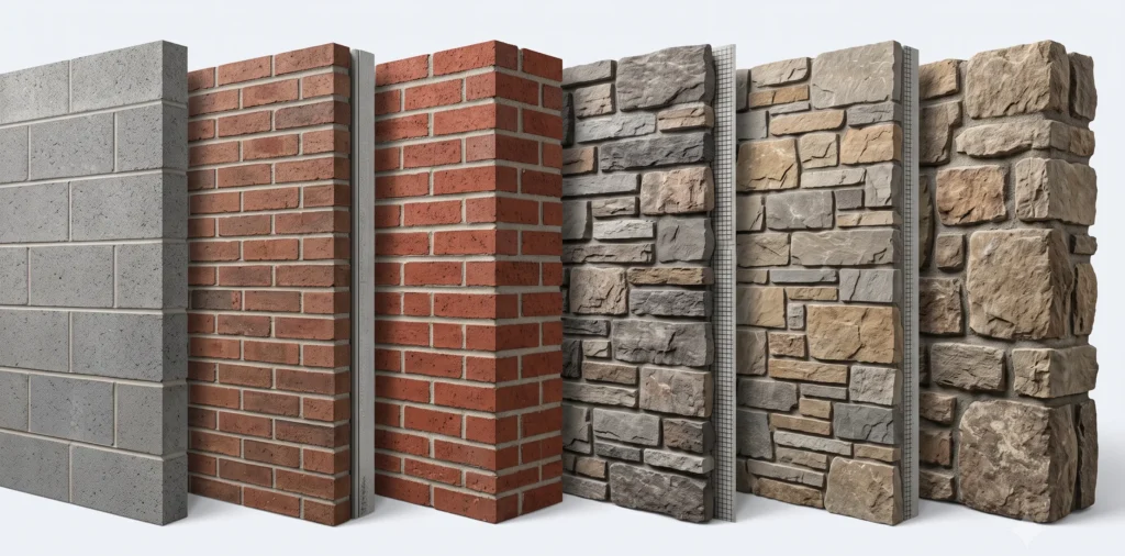 Infographic comparing brick concrete block manufactured stone and natural stone masonry materials