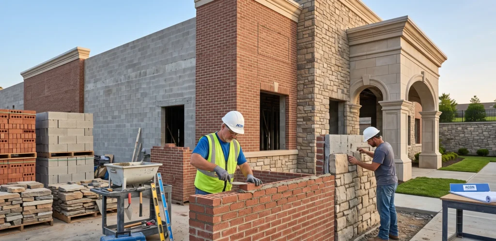 Professional masonry construction project with brick stone and concrete block installation