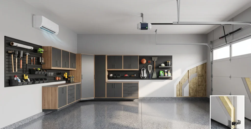 Infographic showing epoxy flooring storage systems insulation and smart garage upgrades
