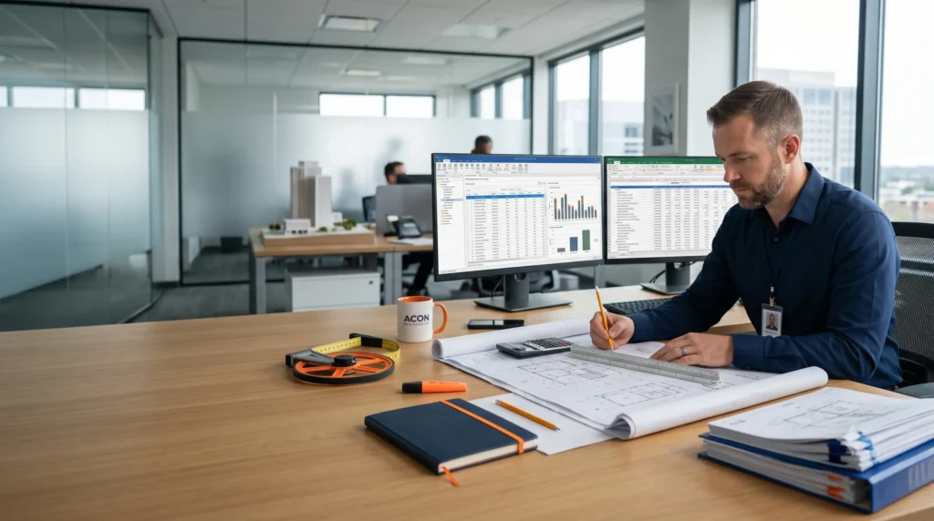 Professional construction estimator reviewing blueprints and preparing an accurate cost estimate for a building project.