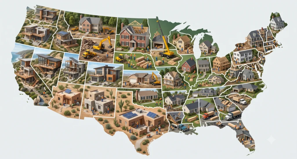 Infographic map showing regional residential house rebuilding differences across the United States