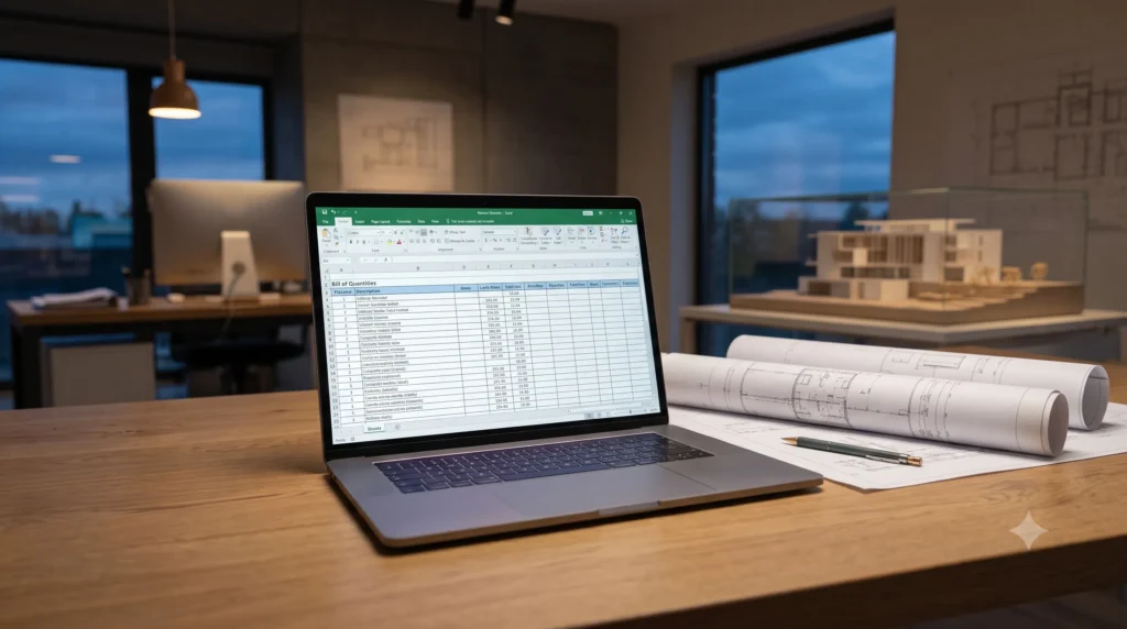 A professional engineering workspace featuring a laptop displaying a BOQ spreadsheet next to rolled blueprints on an oak desk.
