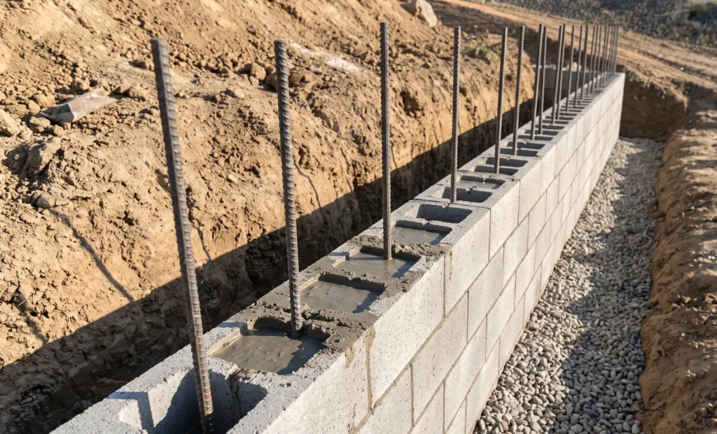 A sturdy cinder block retaining wall under construction featuring exposed vertical steel rebar and gravel drainage along an earth slope.