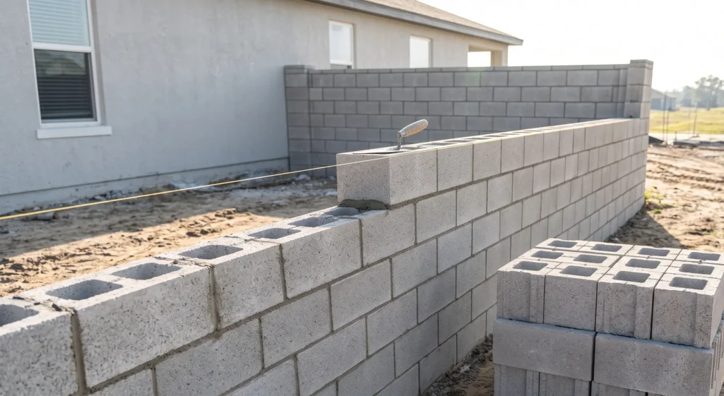 A partially built residential boundary wall made of standard gray cinder blocks with wet mortar joints under morning sunlight.