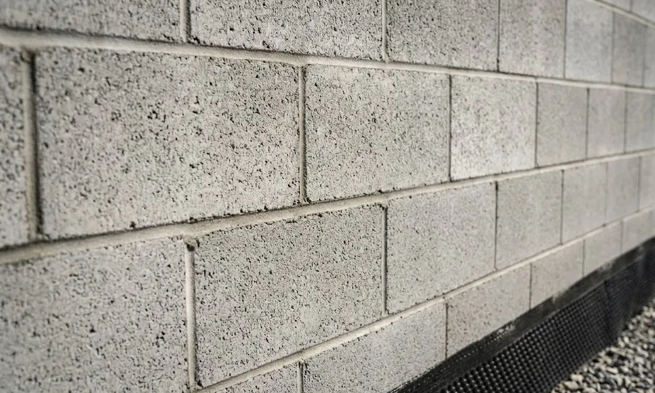 A structurally sound concrete block masonry foundation wall with straight mortar joints and a black waterproofing layer.