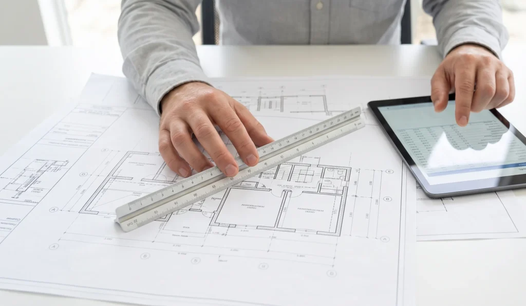 A cost estimator using an architectural scale ruler and a digital tablet to perform a precise material quantity takeoff from blueprints.