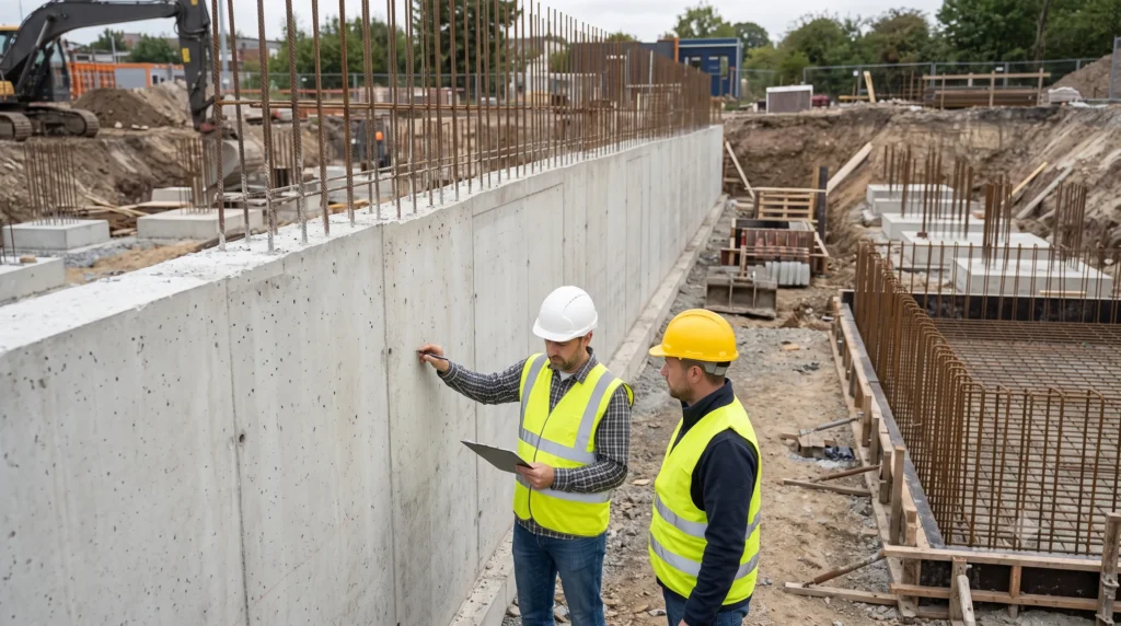 Two construction managers checking line-item progress against a physical concrete wall foundation on an active job site.