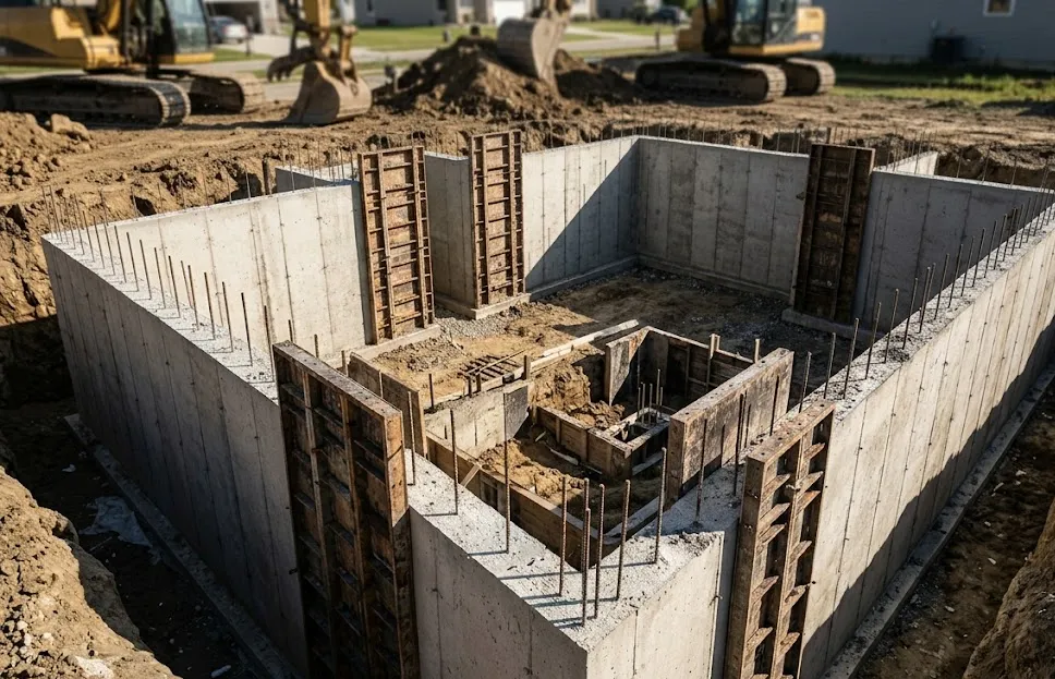A detailed close-up of an industrial steel rebar reinforcement grid laid over a gravel base before pouring concrete.