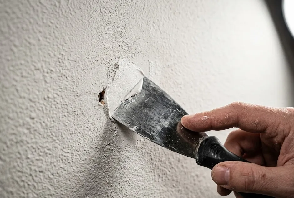 A macro photograph of fresh white spackle smoothly covering a small drywall hole, with a putty knife visible and drywall dust on the surface.