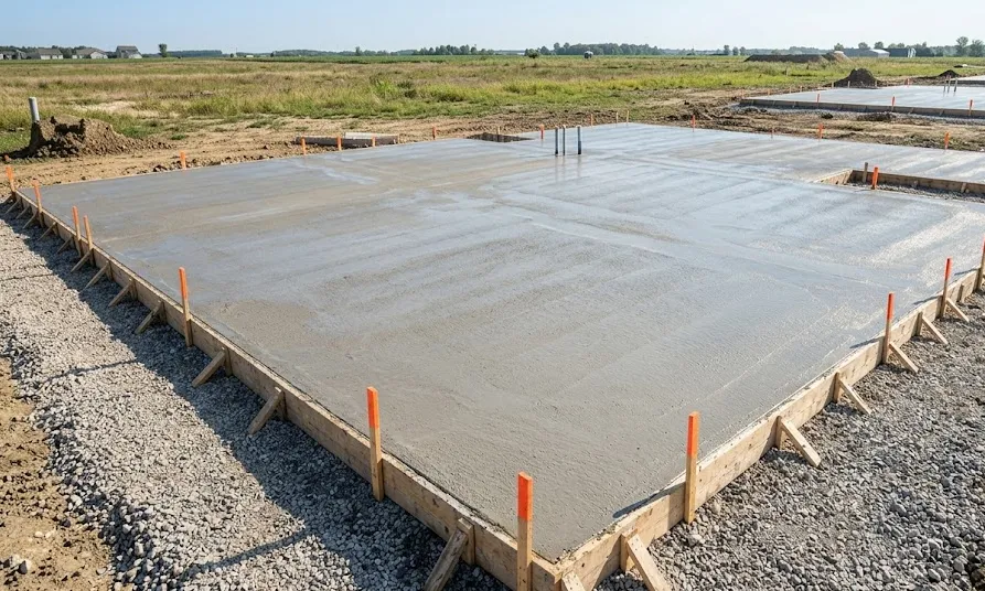 Freshly poured concrete monolithic slab foundation on a residential home construction site with wooden forms.