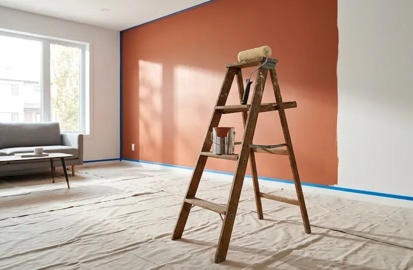 A bright, modern living room mid-painting project, featuring terracotta walls, a stepladder, clean paint supplies, and protected floors with drop cloths.