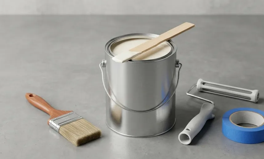 A neat, professional staging of painting tools, including an open gallon of cream paint, a brush, roller, and blue tape on a clean floor.