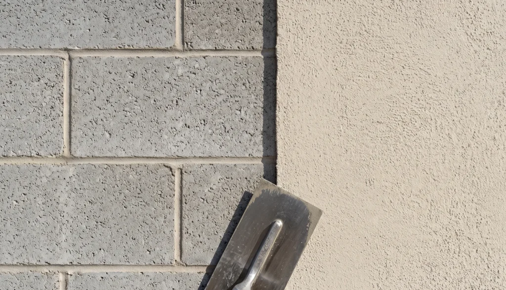 A detailed texture comparison showing a gray cinder block wall being covered by a smooth exterior stucco coating