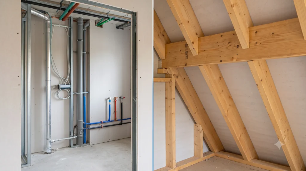 A split-view photograph showcasing exposed mechanical, electrical, plumbing (MEP) lines alongside timber structural roof framing.