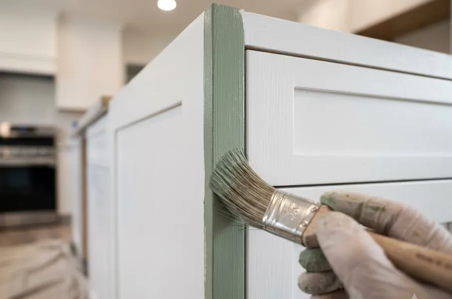 A close-up shot of a professional painter's hand using a precise brush to apply sage green paint perfectly along the edge of white shaker kitchen cabinets.