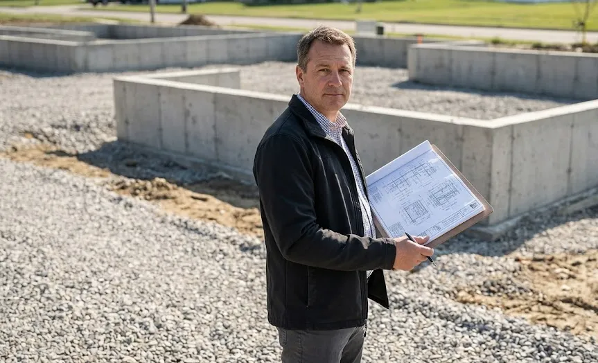 A professional estimator holding structural foundation blueprint plans on a residential home building site.