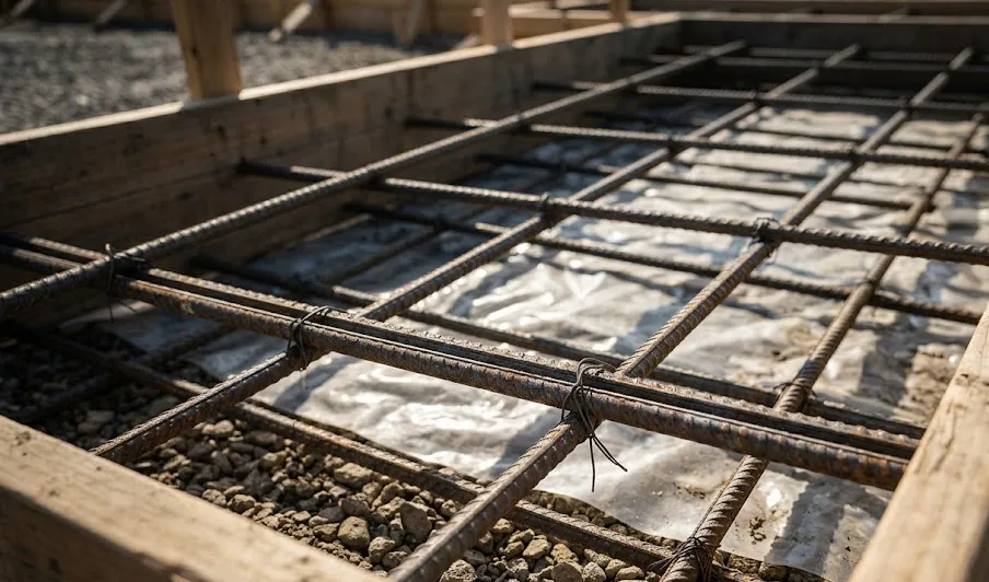 A detailed close-up of an industrial steel rebar reinforcement grid laid over a gravel base before pouring concrete.