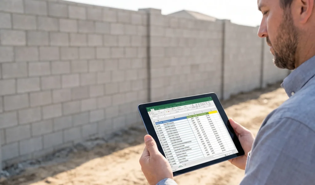 A professional construction estimator holding a tablet with a masonry takeoff spreadsheet in front of a finished block wall